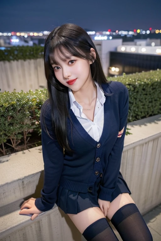 (8K), (highest quality: 1.2), (realistic), (realistic: 1.37), ultra high resolution, (1 girl, cute, smile, closed mouth, thick lips,red lip,beautiful details, beautiful nose, (straight black hair,ribbon), giant dulcefo, self snap,(school uniform),(navy blue cardigan),white shirt,tie,pleated skirt,(Blue knee-high socks:1.2),Standing in the city at night, From above,close up of face,thin necklace,(Medium Shot:1.2),