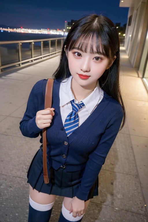 (8K), (highest quality: 1.2), (realistic), (realistic: 1.37), ultra high resolution, (1 girl, cute, smile, closed mouth, thick lips,red lip,beautiful details, beautiful nose, (straight black hair,ribbon), giant dulcefo, self snap,(school uniform),(navy blue cardigan),white shirt,tie,pleated skirt,(Blue knee-high socks:1.2),Standing in the city at night, From above,close up of face,thin necklace,(Medium Shot:1.2),