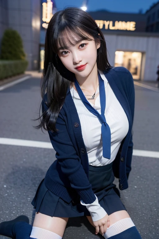 (8K), (highest quality: 1.2), (realistic), (realistic: 1.37), ultra high resolution, (1 girl, cute, smile, closed mouth, thick lips,red lip,beautiful details, beautiful nose, (straight black hair,ribbon), giant dulcefo, self snap,(school uniform),(navy blue cardigan),white shirt,tie,pleated skirt,(Blue knee-high socks:1.2),Standing in the city at night, From above,close up of face,thin necklace,(Medium Shot:1.2),