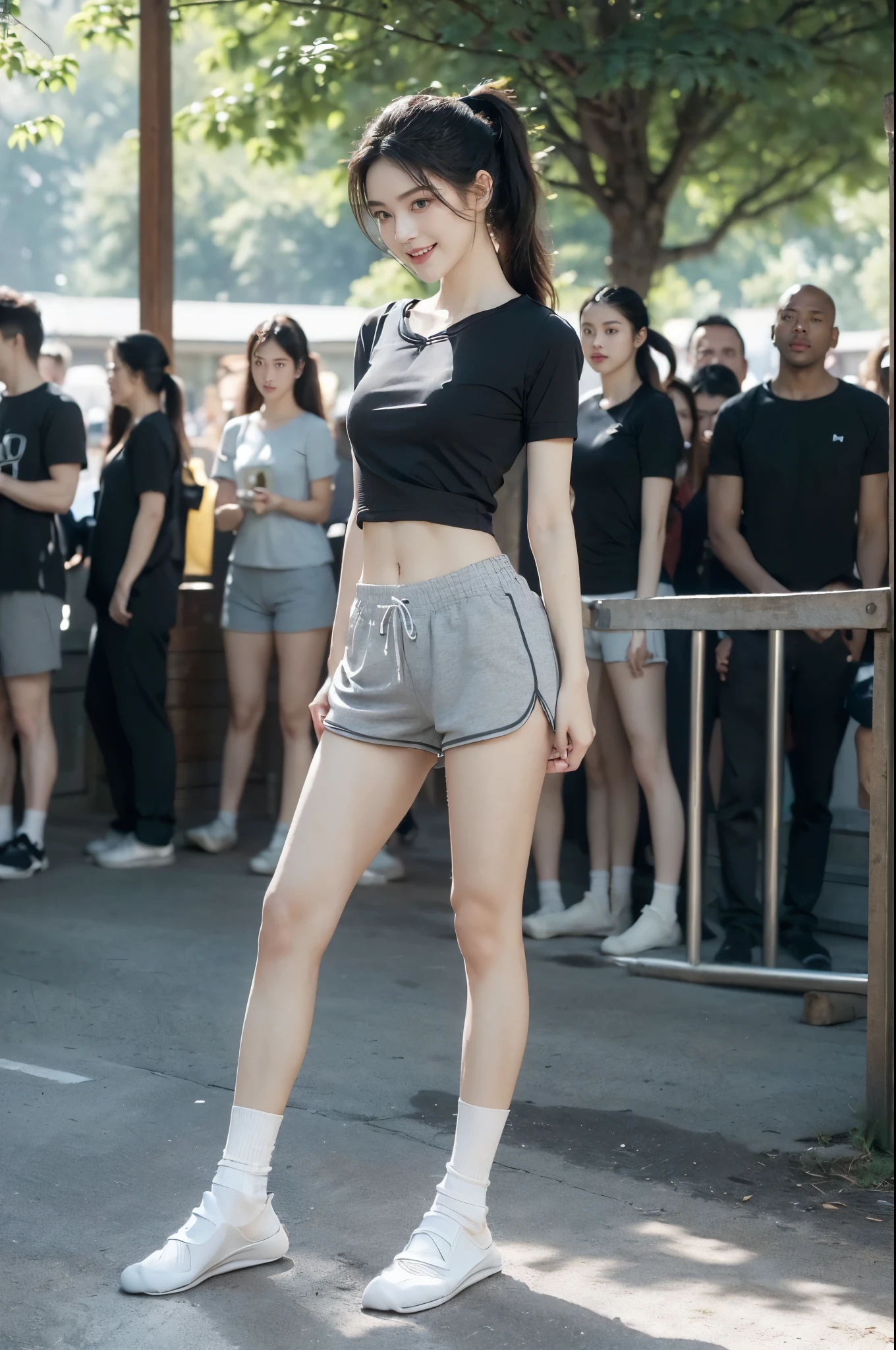 (((best quality))),(((ultra detailed))),(((masterpiece))),illustration,((1 beautiful girl,solo)),(short ponytail:1.2),((slim,thin)),((small breasts,flat chest)),(necklace:1.2),((sweat,wet)),(shiny skin:1.5),(white tank top:1.3),(red shorts:1.3),(slender legs:1.2),(sneakers:1.3),(in nightclub:1.3),(neon lights:1.3), energy,(standing:1.3),(arms behind back:1.3),(smile:1.2), conversation, thumping bass, sun-kissed skin, tanned legs,delicate features, grace, confidence, excitement, pulsating lights, capturing attention, vibrant atmosphere, center of attention,(summer:1.3),(night scene:1.3), adventure, frozen moment,((from front,full body)),(surrounded by crowded crowds:1.3)