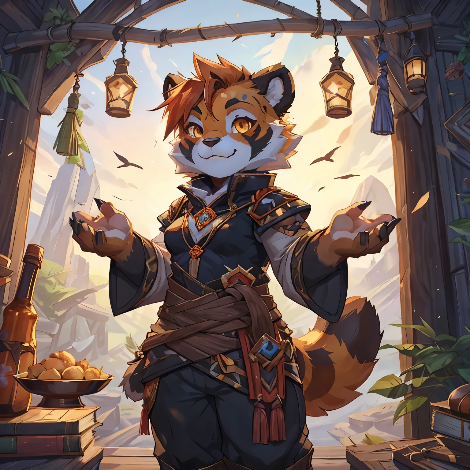 4fingers, small_round_ears, small_panda_ears, pandaren, world_of_warcraft, furry, anthropomorphic, fluffy_tail, foxtail, cfemale, claws, red_panda, tiger_stripes, tiger_face, small_breasts, shortstacK, amber_eyes, simple clothing, detailed_eyes, detailed_face, four_fingers