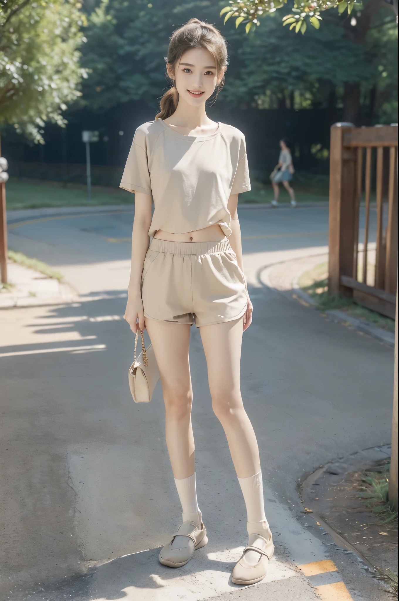 、Long sleeve、belly button出し、Waistline、Abdominal muscles、belly button、Long legs、Thin legs、Shorts、From head to toe、Clean-cut features