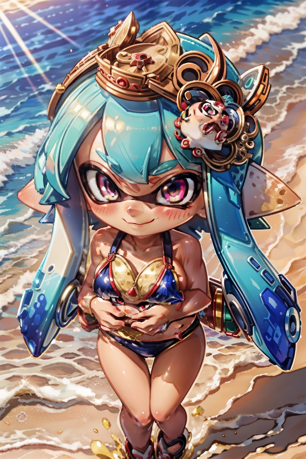 8k,masterpiece, BSET quality,big, Real Anime、3D、 (Two Splatoon girls), Shiny skin, shiny big, ((highest quality)), turime、Micro Bikini, colorful, Group photo, Clear focus: 1.2, Highly detailed face and skin texture, , ,White, Perfect Face, Perfect body, gigantic breast、Rainbow colored tentacle hair、Golden Eyes、blush、smile,AND,,,Brown Skin、Perfect Face、Perfect body、gigantic bteast、Prism colored tentacle hair、Crimson Eyes、口を開けたsmile,,, art, CG, Blur the background, Beach, sun, sand, wood, ((From above)),