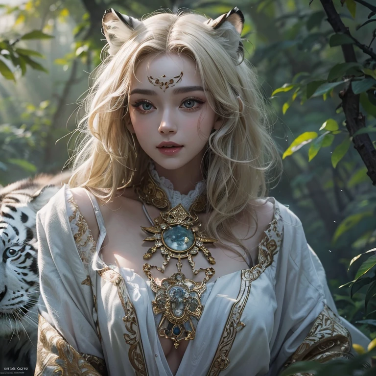 Standing in the forest、Hair flow、 ((highest quality、masterpiece、8k、Best image quality、Ultra-high resolution、Award-winning works)、(Accurate anatomy:1.1)、(Look at me and smile:1.1)、Shining fair skin with Ultra-high resolution、The most detailed face、Ultra-high resolution detailed face、Ultra-high resolutionのblond hair、(Ultra-high resolution eye:1.1)、Beautiful face drawn in every detail、Traditional Russian costume , Chest to chest, Strange atmosphere, Next to him stands a real white tiger, Dark Light, in the forest , Heavy makeup