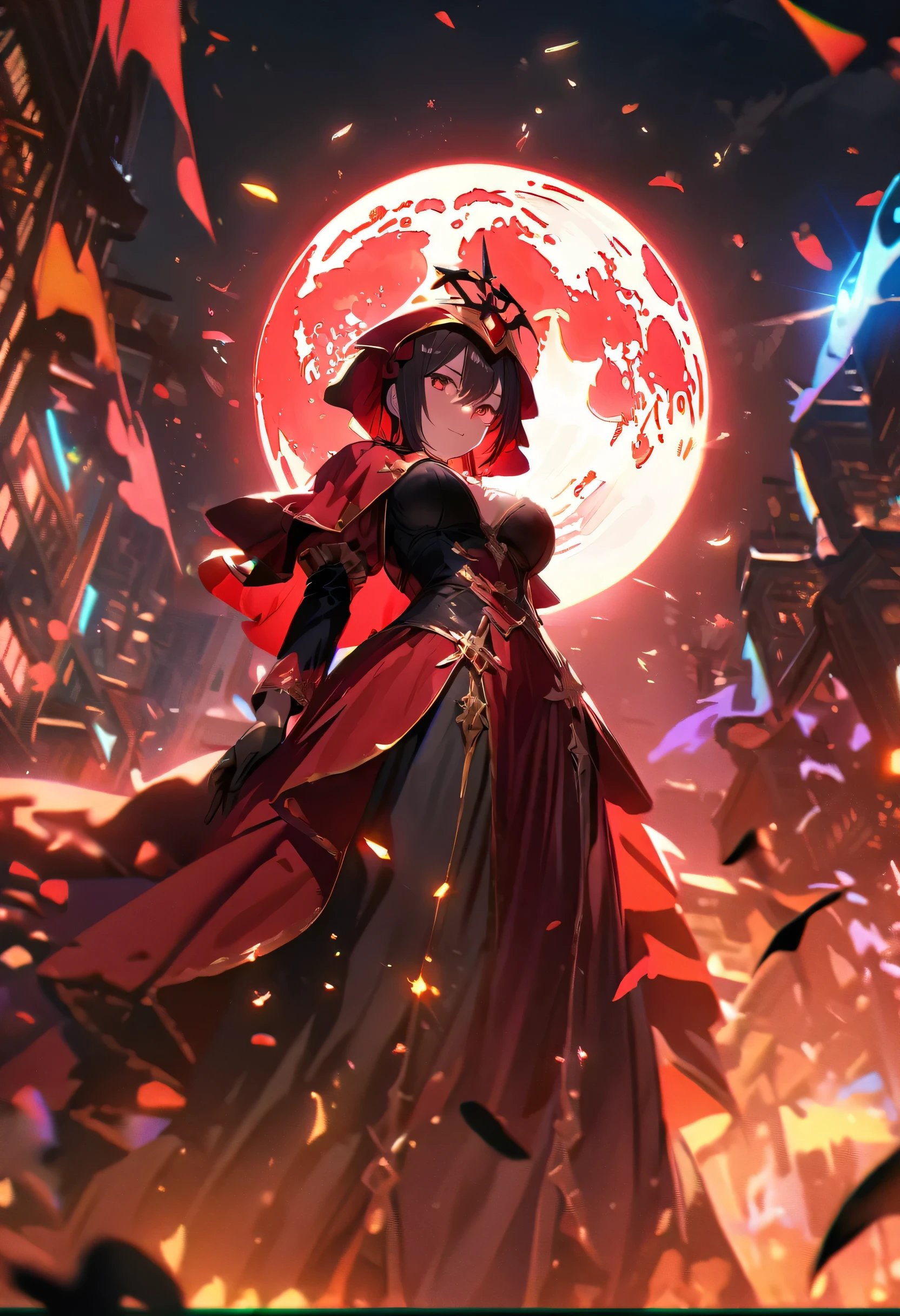Red Necromancer, Blood Moon, Ray Tracing, masterpiece, highest quality, super high quality, Absurd detailed, best Light, Best Shadow, sharp, sharp image, detailed, extremely detailed, Amazing resolution, 8k, 4K, Ultra-high resolution, Particle Effects, Beautiful Effects, Vibrant colors, neon Light, neon, Light,