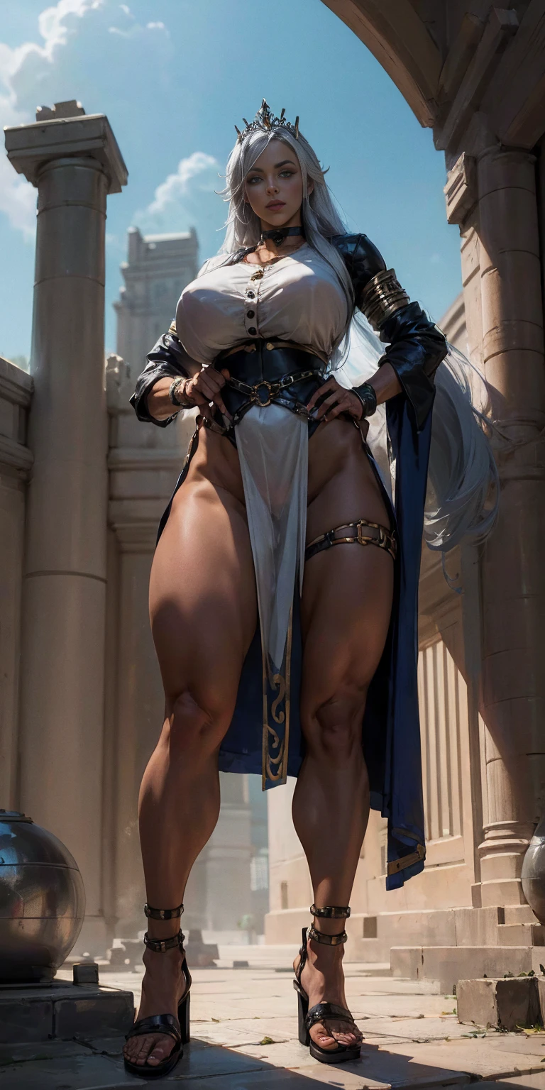 full body, whole body. loincloth standing, hands on hips full body, 1solo (girl). slave fighter, metal sandals, choker, big belt, view from below, feet together, bracers, tiara