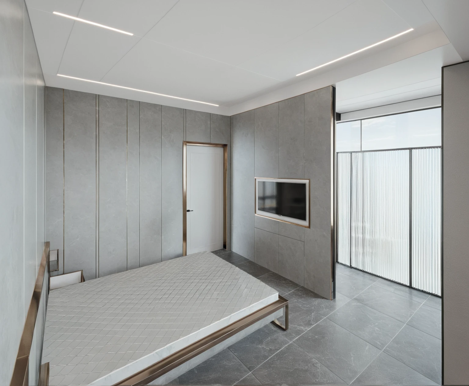 (best quality, masterpiece, high_resolution:1.5),UHD 32K, MATT CERAMIC TILING FLOOR, sharp detail, main materials white walls, WITH GREY MULLION STEEL FRAME, sky, day, indoors, no humans, window, chair, table, plant,BEDROOM ,Modern,3d style, ((  WHITE CEILING : 1.3))