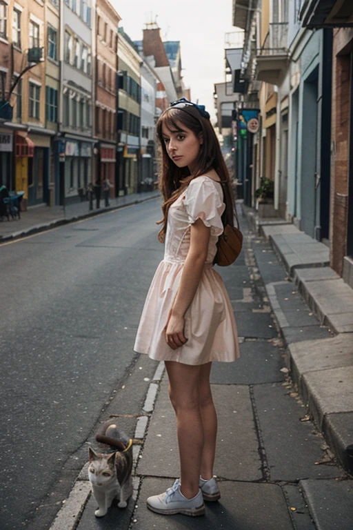 Illustration for a fairy tale about a girl, standing on the street, who loves cats