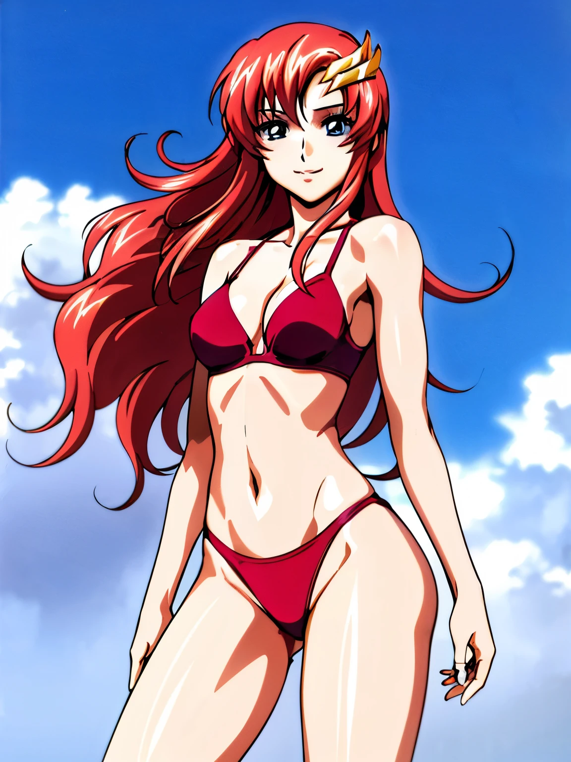 lacus4, (red bikini, running, thong, thin girl, masterpiece, cowboy shot, very slim shoulders, 4K, Best Quality, Anime style: 1.9, happy, Adult Woman, (ultra detailed head), (Crowd, cloud background), Drawing lines, high resolution, lacus4), 1girl, Solo, curvy figure, clavicle, scapular, (Detailed wide hair bangs, Hair Ornament, Detailed reddish-pink hair, shiny streaks, slim arms, detailed golden crest), cleavage, large hands, (hair cover shoulders). (Big blue eyes, shiny eyes), ((female wrestler, (slim body), slim arms, closed fists, thighs)), ((perfect proportions, medium-small breasts, medium thighs, long belly)), ((totally red bra)), smile with a wink, (standing, hot colors), detailed fingers, (bare shoulders)
