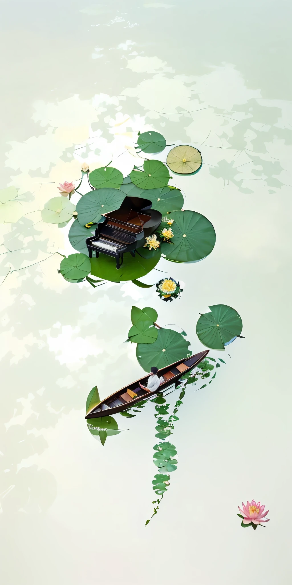 A small boat floats in a pond full of water lilies,Man playing piano on lotus leaf,Woman dancing on lotus leaf, Inspired by Xiao Yuncong, Chinese painting style, lying on lily pads, Highly detailed composition, Stylized digital illustration, Lotus flowers on the water, Inspired by Tang Yin, Inspired by Zhang Xuan, Beautiful digital artwork, Look from above, Inspired by Fei Danxu, great great essay