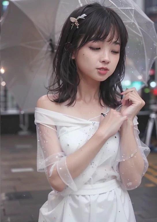 (8K, RAW photos, best quality, masterpiece:1.2), (Practical, photo-Practical:1.37),1 Girl,(Egiosar:1),Hair accessories, portrait, (Long loose silver off-shoulder dress:1.1), necklace, Blue nails,Lovely,city View, night, rain, wet, Professional lighting, Photon Mapping, Radiosity, Physically Based Rendering,Small breasts outside,No
