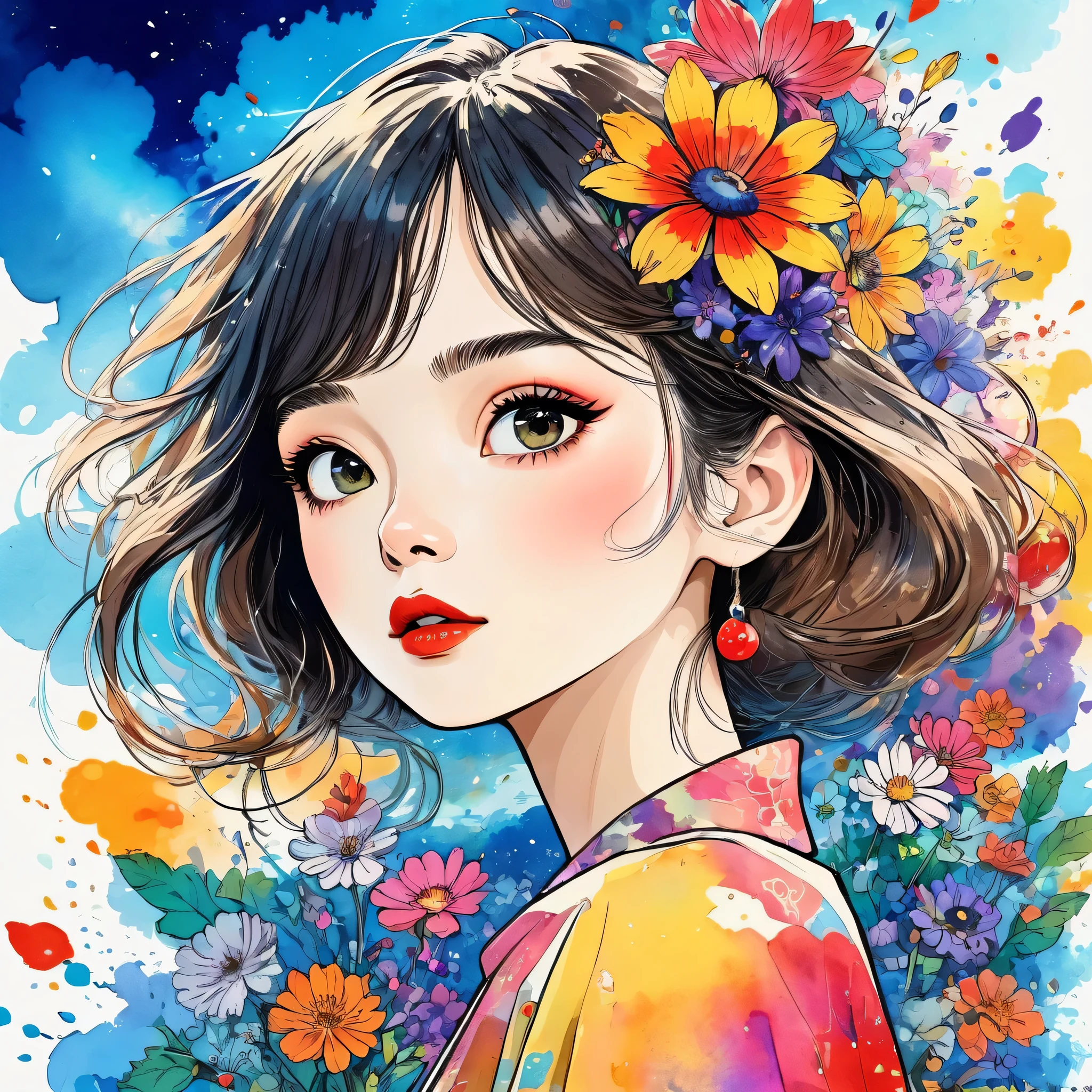 Hayao Miyazaki Style、(((stylish fashion))), 8K Quality、Intense watercolor, Detailed watercolor art, Watercolor splash, Surreal, avant-garde pop art, Beautiful and expressive paintings, Beautiful artwork illustration, Very colorful tones, wonderful, Cool beauty, highest quality、Official Art, Vector art, Stylish design, (((The most beautiful girl))), (((highest quality))), HDR, ((detailed)), (((Doodle Art)), ((masterpiece)), ((Super detailed)), (((Colorful flowers))), (((Stylish))), Lips in Love