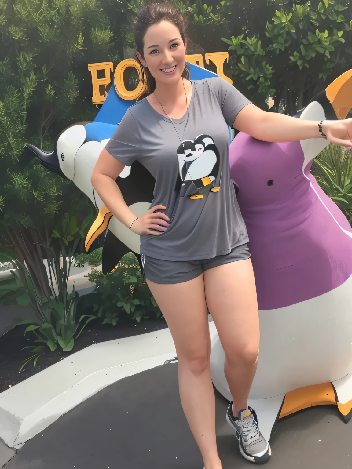 woman in gray shirt and shorts standing next to a large penguin statue, vacation photo, photo from the back, having a great time, 3 0 years old woman, 30 years old woman, posing like a statue, profile image, photo taken in 2016, fit pic, 40 years old women, not blurry, at california adventure, pov photo