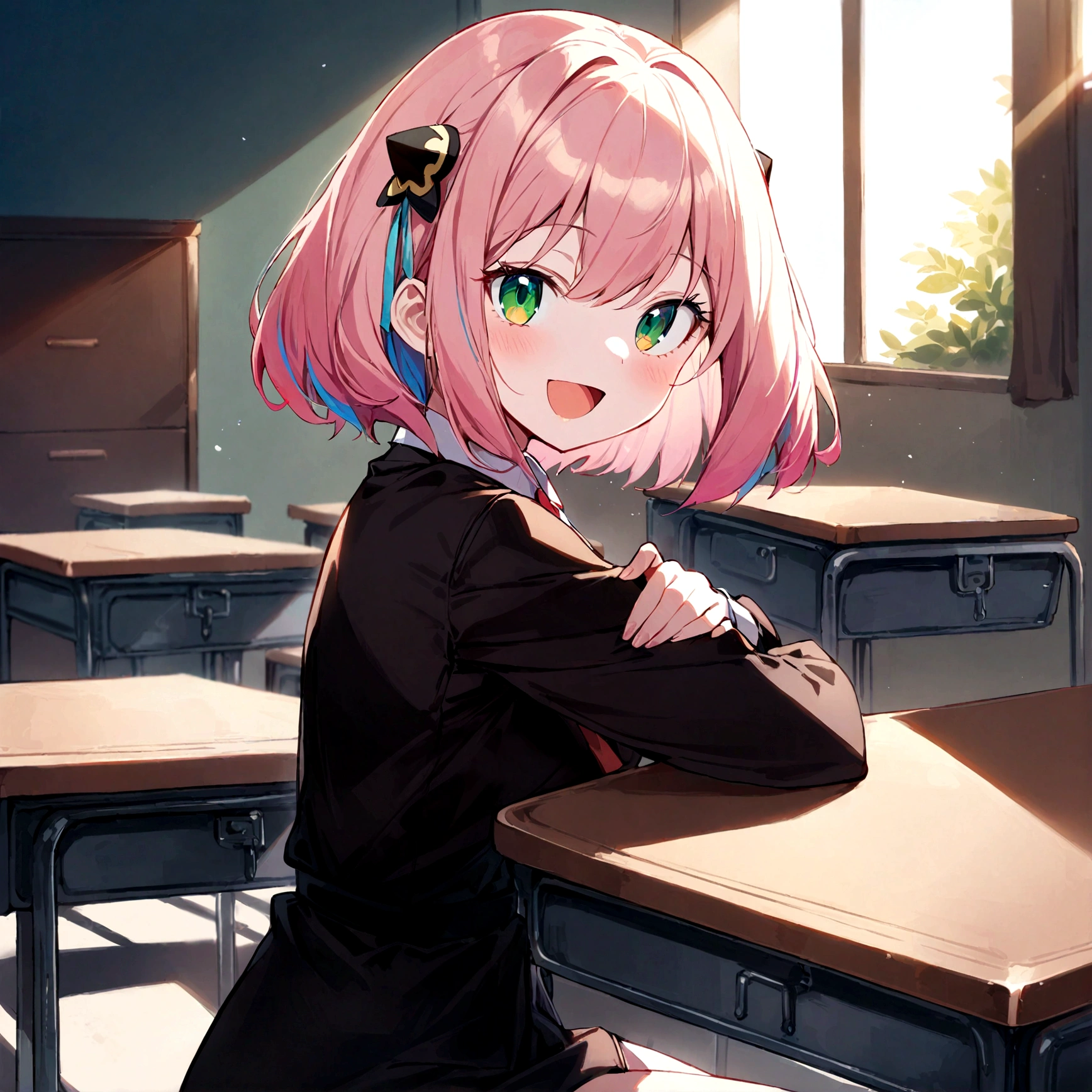 solo, 1girl, Anya forger/(spy x family/), masterpiece, best quality, very aesthetic, absurdres, pink hair, green eyes, short hair, black dress, collared shirt, smile, open mouth, looking at viewer, from side, sitting, desk, table, hair ornament