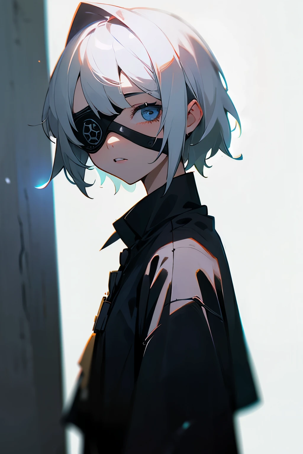 A blind girl with white, short hair and an eyepatch.