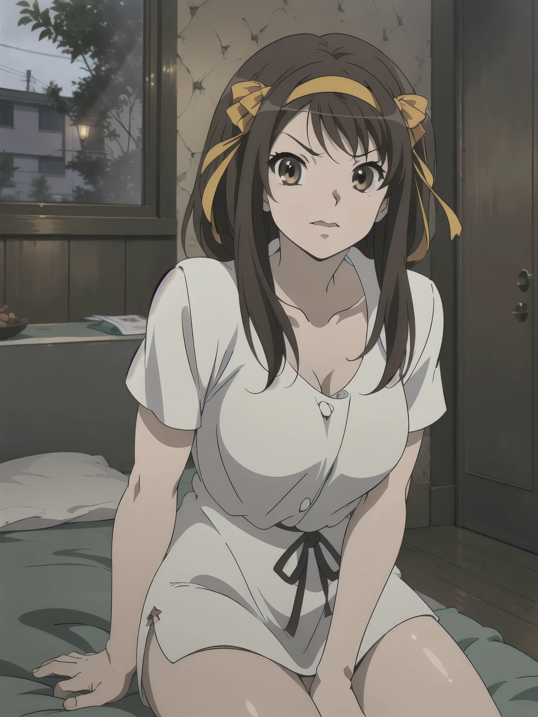 (A superb exquisite haruhi suzumiya), (haruhi suzumiya:1.5), brown eyes, brown hair, natural straight hair, hairband, ribbon, straight bangs, solo, nature, extremely delicate, straight facial features, peerless beautiful girl, soft, (sensual face), ((ecchi face)), dreamy quality, exaggerated facial features, solid color, frank holly, delicate face, bright lips, slender waist, soft curves, real light and shadow, super fine, 4k, natural moving, Ultra high resolution, (masterpiece:1.2, best quality), (finely detailed beautiful eyes: 1.2), (beautiful detailed face), sexy nude model, sexy pose, (large chest), (Perfect Body Proportions), (bedroom), Mekosuji, Spread your legs a little and show off your crotch,