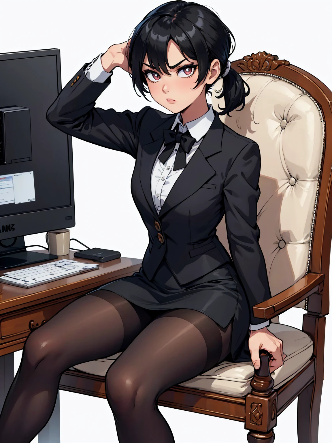 masterpiece, UHD, 4k, highres, ultra highres, hd, best quality, anime screencap, lineart, ((1girl)), anger, contemptuous, black hair, short hair, tied hair, short ponytail, bright pupils, black suit, black blazer, white shirt, black tie, office skirt, pencil skirt, pantyhose, black pantyhose, sitting on chair, cross-legged, sitting with right leg bent, ((simple background)), (((white background))),
