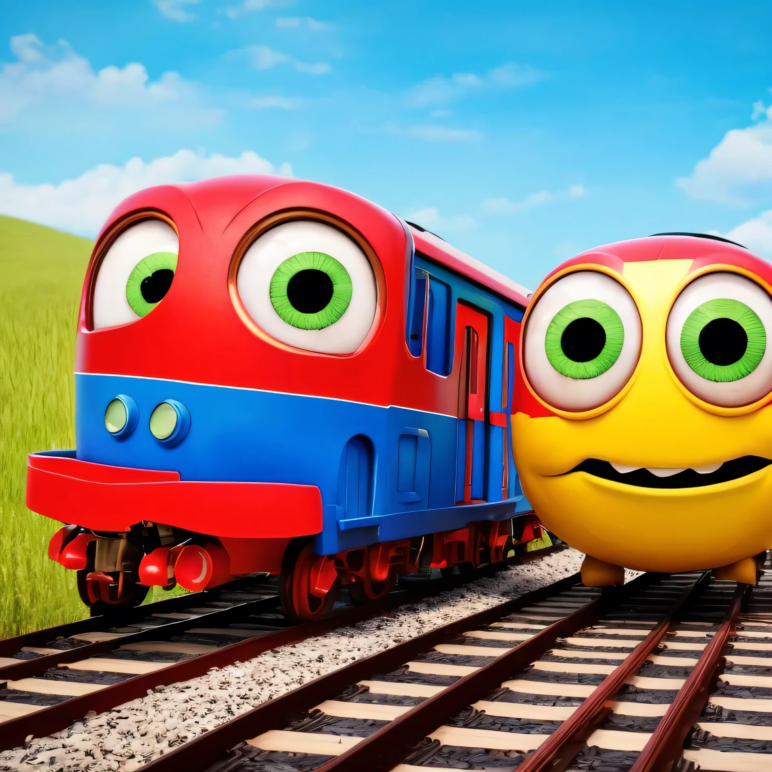 Cute monster transformed into a train, with big eyes and a joyful face, running on long rails. Pixar animation style, vibrant colors, C4D software. --ar 1:1 --v 6.0 3D render