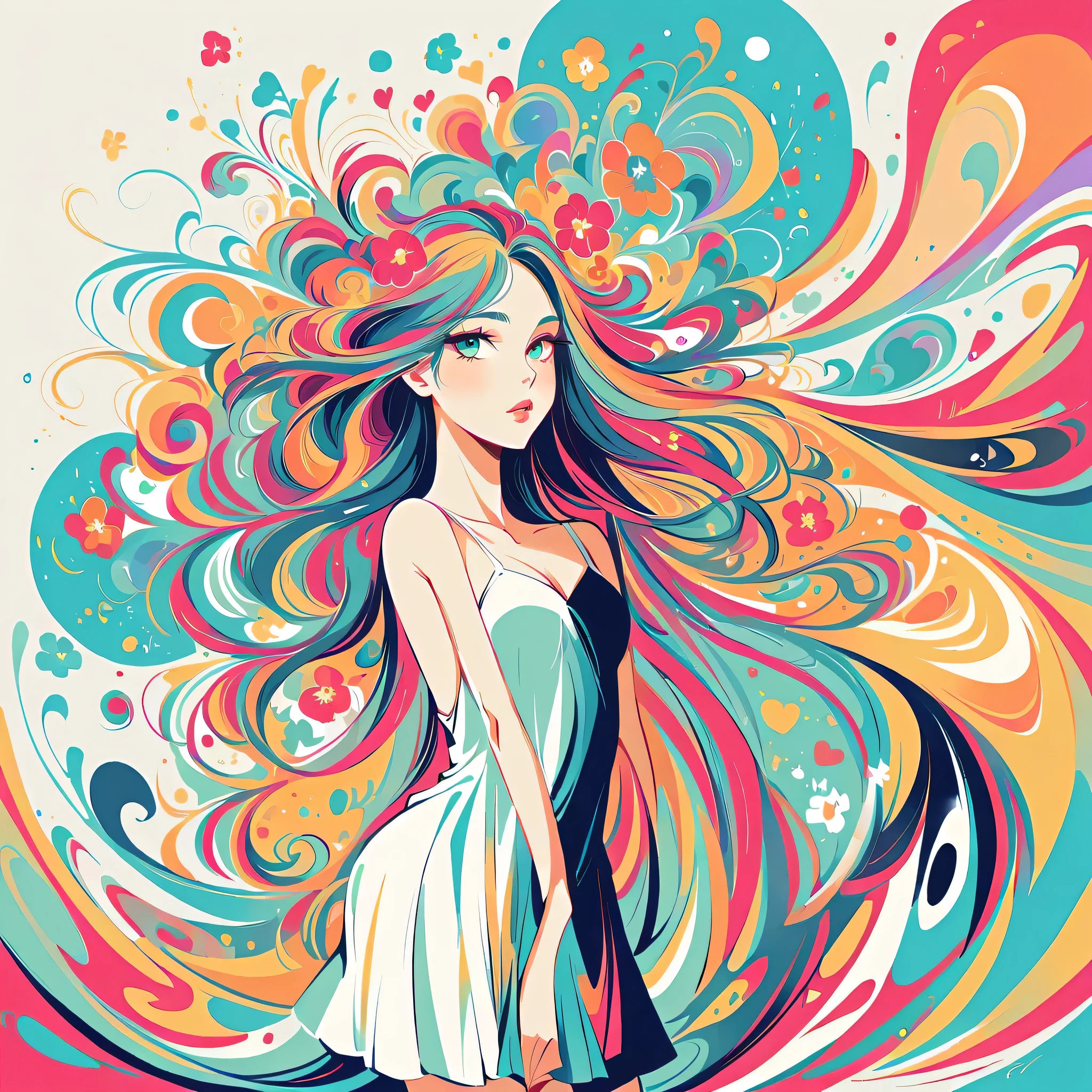 Takashi Murakami style, Standing in front of a high wall,Simple Line Initialism,Abstract art,Urban Background, (((The most beautiful girl))), Lips in Love, colorful flowers