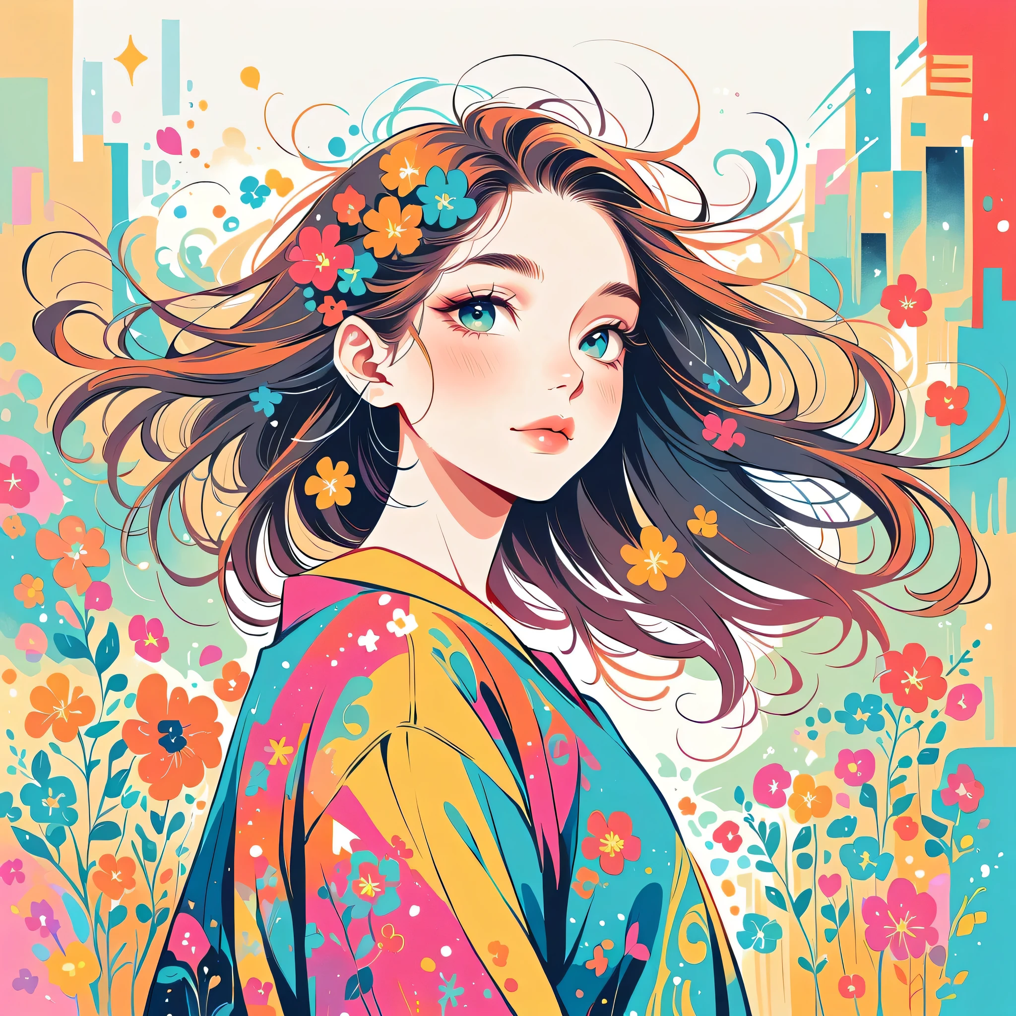 Takashi Murakami style, Standing in front of a high wall,Simple Line Initialism,Abstract art,Urban Background, (((The most beautiful girl))), Lips in Love, colorful flowers