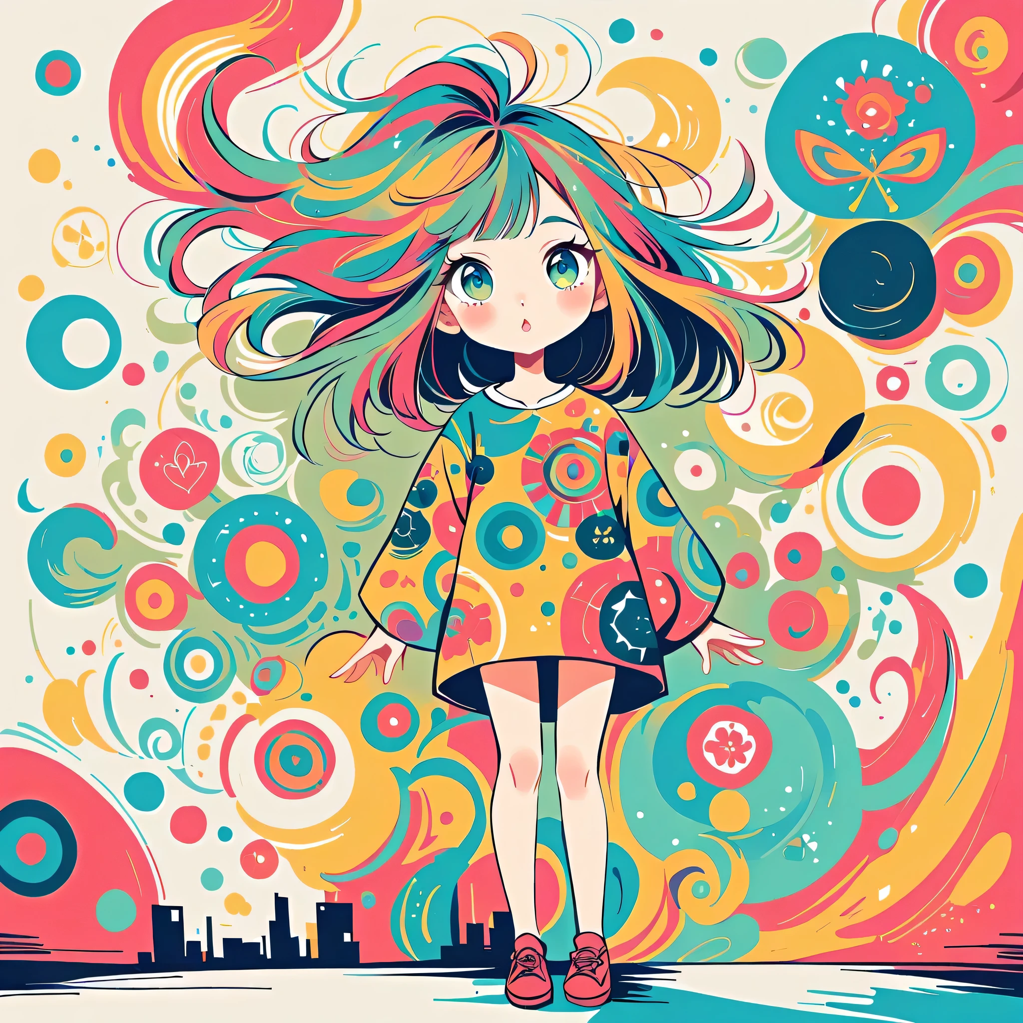 Takashi Murakami style, Standing in front of a high wall,Simple Line Initialism,Abstract art,Urban Background, (((The most beautiful girl))), Lips in Love, colorful flowers