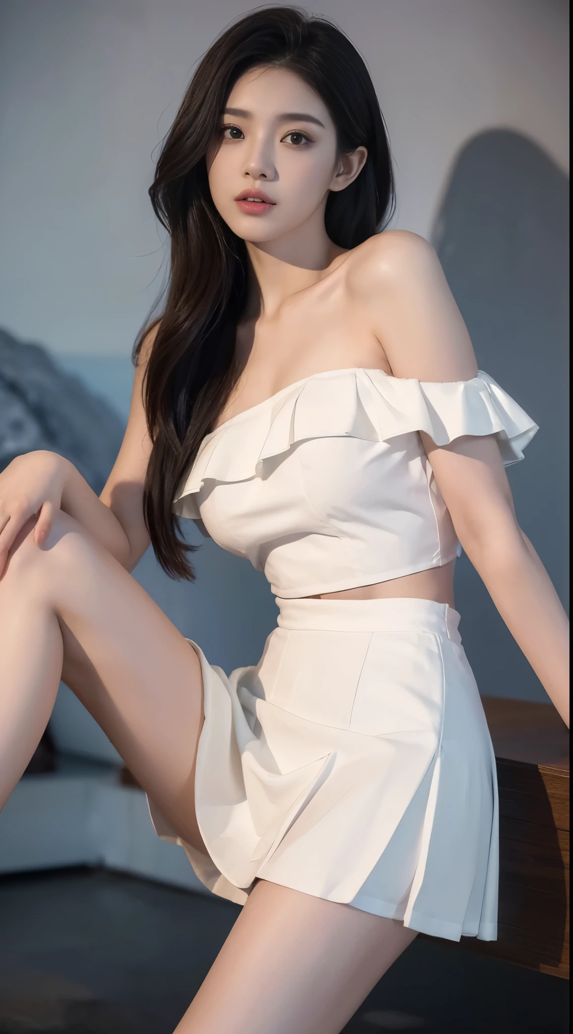 jk_lure_dress3, ((cowboy shot)), ((Bare shoulder)), ((Short hemlines, sexy long legs)), realistic detailed photo of a giant breasted girl with exposed shoulders, detailed fingers, high quality skin, red eyes, alone in a winter scene with clouds, wind, and flowing hair, (best quality,4k,8k,highres,masterpiece:1.2),ultra-detailed,(realistic,photorealistic,photo-realistic:1.37),studio lighting,vivid colors