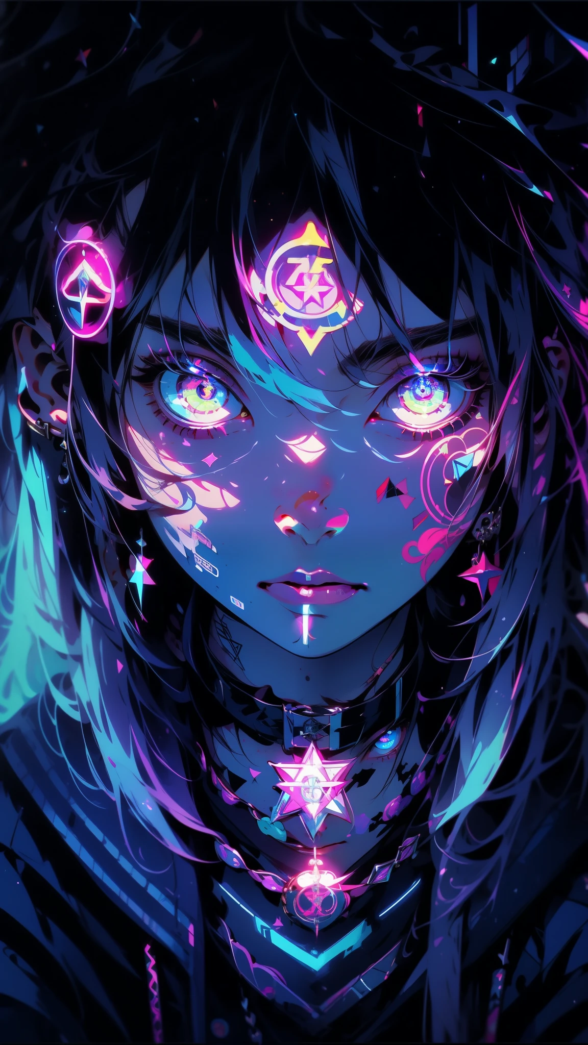 ((Close-up portrait of a teenager with glowing neon eyes and intricate occult symbols painted on their face)). Their expression is one of both curiosity and trepidation, as they peer into a hidden world. The overall mood is dark and mysterious, with a touch of neon vibrancy, fashionable, posing, accessory, style art incorporating elements of Makoto Shinkai, Studio Ghibli, Genshin Impact, James Gilleard, Greg Rutkowski, Chiho Aoshima, golden ratio composition, enhanced with pixiv Fanbox trends, acrylic palette knife textures, golden ratio, trending