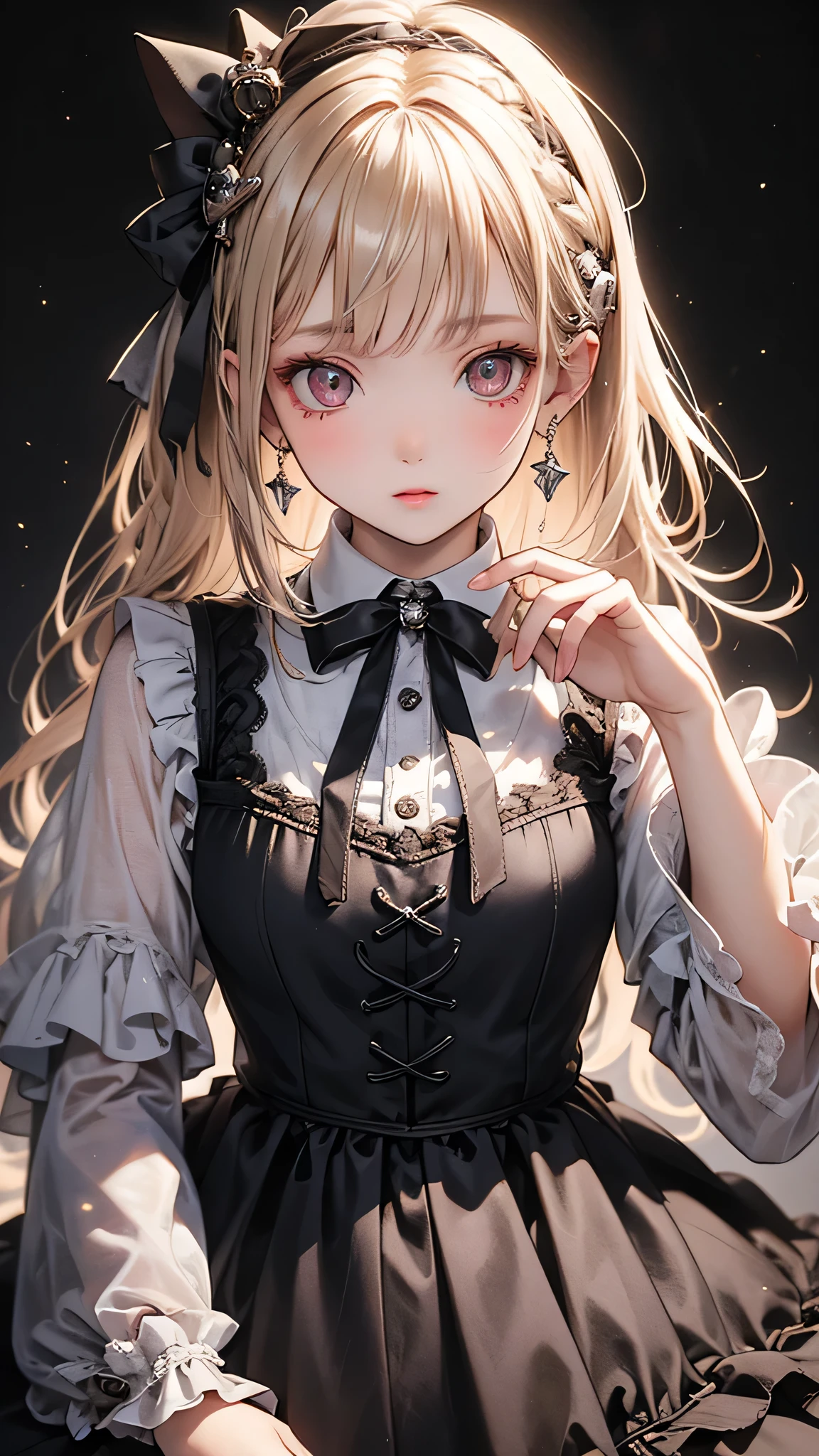 One girl, masterpiece, highest quality, 8k, Detailed skin texture, Detailed cloth texture, Beautifully detailed face, Intricate details, Super detailed, Alice in Wonderland, (A ribbon on her head:1.1), Upper Body