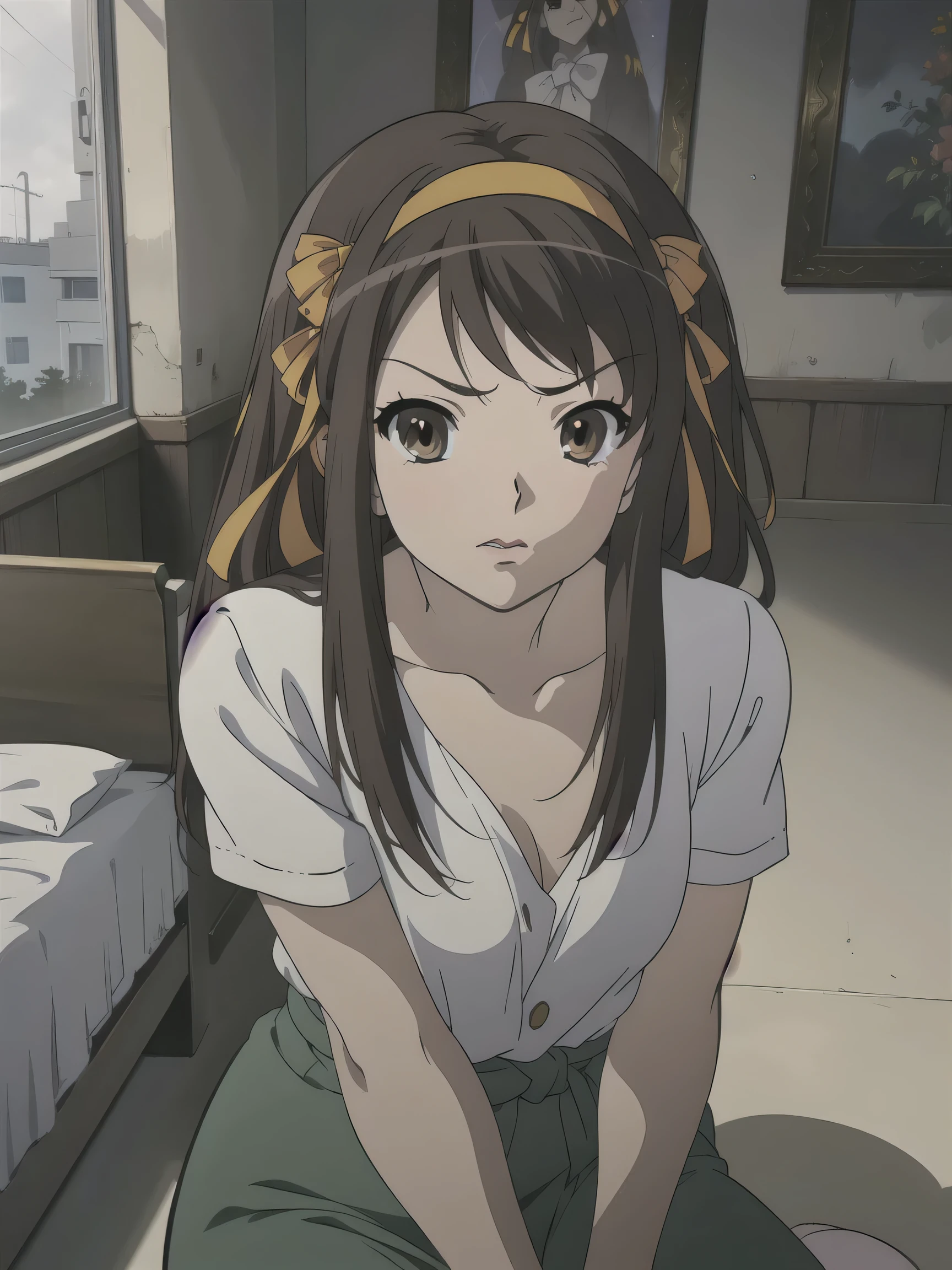 (A superb exquisite haruhi suzumiya), (haruhi suzumiya:1.5), brown eyes, brown hair, natural straight hair, hairband, ribbon, straight bangs, solo, nature, extremely delicate, straight facial features, peerless beautiful girl, soft, (sensual face), ((ecchi face)), dreamy quality, exaggerated facial features, solid color, frank holly, delicate face, bright lips, slender waist, soft curves, real light and shadow, super fine, 4k, natural moving, Ultra high resolution, (masterpiece:1.2, best quality), (finely detailed beautiful eyes: 1.2), (beautiful detailed face), sexy nude model, sexy pose, (large chest), (Perfect Body Proportions), (bedroom), Mekosuji, Spread your legs a little and show off your crotch,