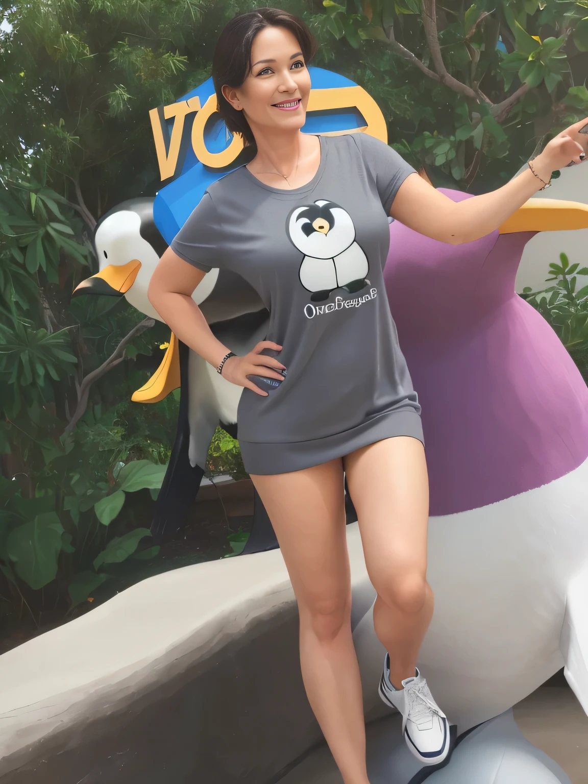 woman in gray sweater standing next to a large penguin statue, vacation photo, back photo, having fun, 40 year old woman, posing like a statue, profile image, photo taken in 2016, suitable photo, not blurred , at Disney adventure in Orlando, at Disney, fun pose, on top of a peak at Disney park in Orlando USA, posing!! , 45 years old, full body photo, 44 years old, in Orlando, USA.
The woman is wearing a gray shirt.
A beautiful Brazilian woman, with white skin, dark brown hair. She is about 45 years old, 165 cm tall and weighs 56 kg. Shaped legs, perfect legs, toned legs, perfect mouth, medium breasts, perfect face. Her body exudes glamor and her face is a definition of beauty. Slender body, thin waist. Highly realistic, hyperrealism, very elaborate skin. Clear photo, high resolution, high quality, masterpiece, 16K photo, high contrast, masterpiece, NUDE, NUDITY, NFSW.