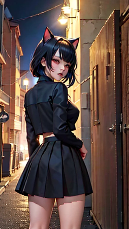 evildoer、girl、Hiding one eye、Black Hair、Bobcut、Black flared mini skirt、Eyes、Cat ear、Back alley at night、cute、Standing pose、20generation、tall、eight-headed body