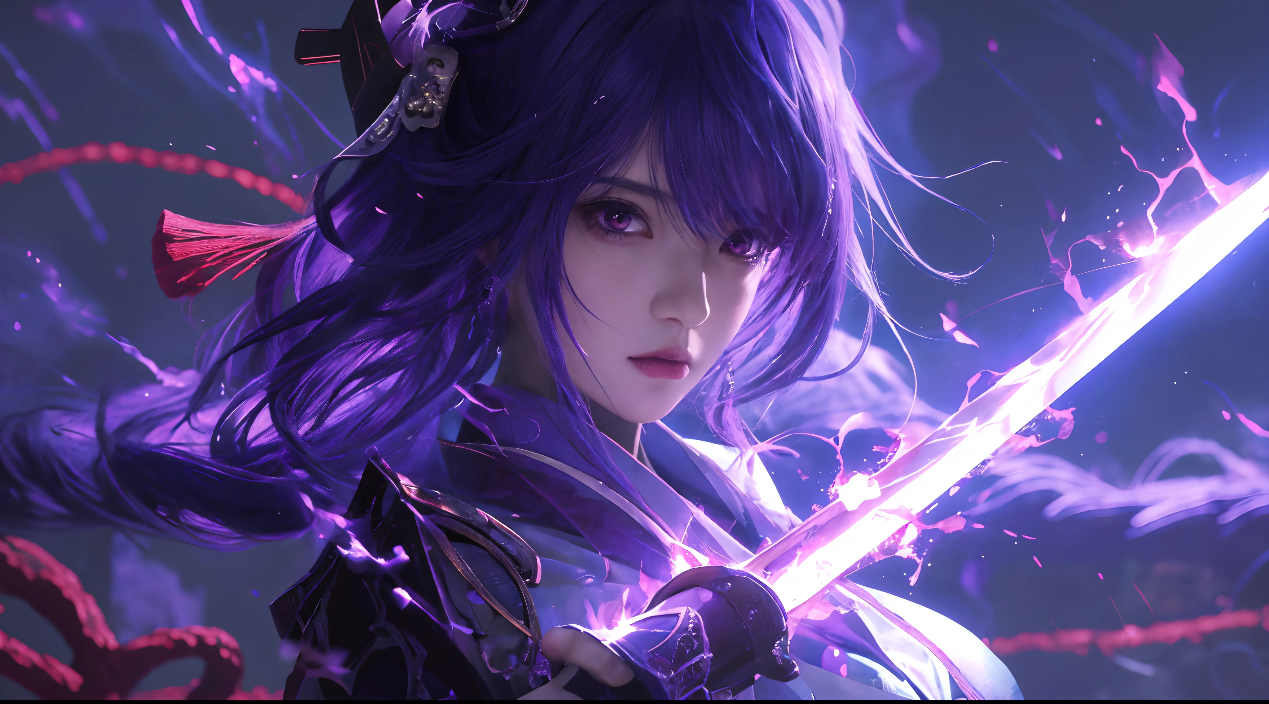 Purple-haired anime girl holds a sword in front of a dark background., A very detailed R-Team germ., image of knight of the zodiac, Anime art wallpaper 4k, Anime art wallpaper 4 k, Anime art wallpaper 8 k, Detailed digital anime art, anime wallpaper 4 k, anime wallpaper 4k, anime style 4k, anime badass 8 k, By Yang J