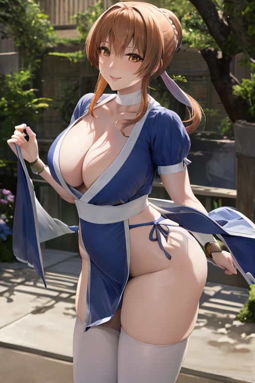 masterpiece, best quality, beautiful art, high resolution, well formed hands, body and fingers, 1 woman, solo, Lumine, adult, grown up, big breasted, cleavage, full body, braided long hair, blue_kunoichi_dress, wearing DOA Kasumi's blue kunoichi dress, sleeveless, white stockings, gorgeous legs and thighs, dancing seductively and erotically, turning backwards and forwards, showing her back and front, showing her butt, t-back,, white thong, smiling joyfully, looking at the viewer, flirting, beach environment 