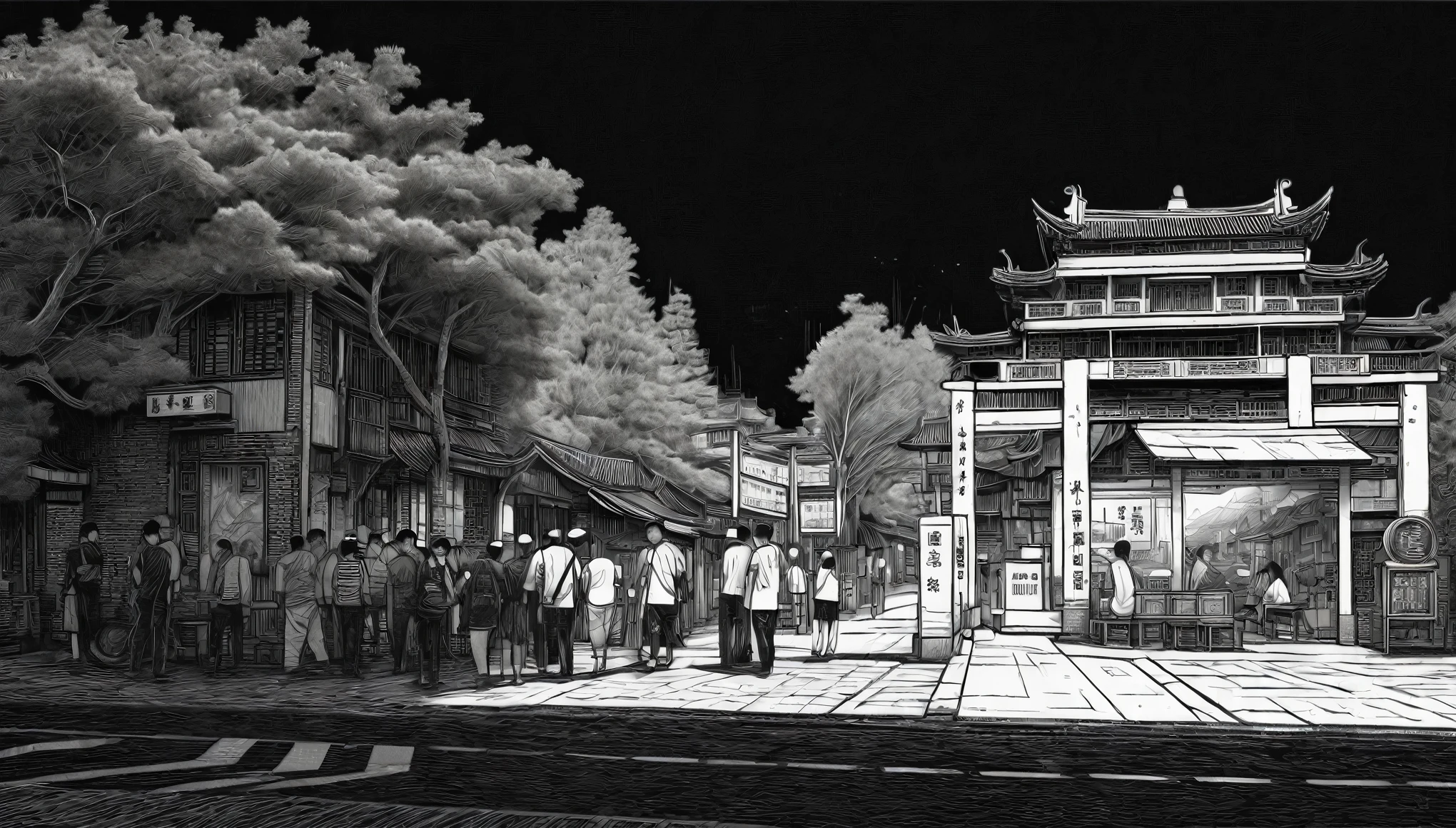 A drawing of a Chinese city street, point cloud, Dark but detailed digital art, edge detection, Ray traced imagery, 超详细的Line Art, Etch Rendering, , Sketch black and white color, black background. Ink landscape, Line Art, High-resolution scanning, ( ( Jitter ) ), Highly detailed digital art