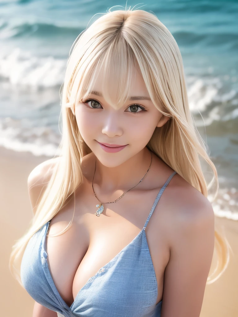 Extra Long Hair,Wavy Hair,  Realistic, Physically Based Octane Rendering, Camisole Summer Dress, A woman with platinum blonde hair poses for a photo on the beach, A refreshing smile, The sun is dazzling, High definition,High resolution, 8K Art Jam Bokeh, well-proportioned body, 美しいJapanese women, Gorgeous Necklace, Be aware of your chest,美しい若いJapanese women, whole body,Soft Portrait Shot 8k, Japanese Girls, Double eyelids and narrow eyes, beautiful grey eyes, 8K, Cute young woman, Japanese women, Beautiful blonde girl