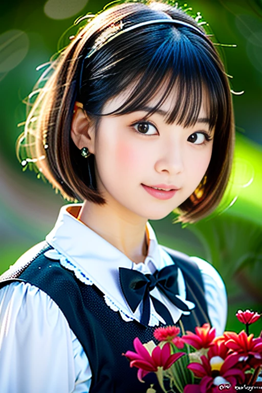 (Highest quality details:1.2), Realistic, 8K Ultra HD, High resolution, Fujifilm(Medium format), Hasselblad, Carl Zeiss, Incredible dynamic range photography(utility_art:Smoose-768:1.1), (One Girl:1.2), Super detailed, High quality textures, Intricate details, detailed, Very detailed CG, High Quality Shadows, detailed Beautiful and delicate face, detailed Beautiful and delicate eyes, Depth of written boundary, Ray Tracing, 18 years old, Cute Japanese Girl, Narrow Face, Glossy lips, Glowing Eyes, Glowing Eyes, Perfect body, View the viewer, (Jewelry Earrings), (Eye Color: Brown), (Bright red flower hair ornament), (Long white hair), (Layered Hairstyles), (Classic Gothic Lolita:1.5), Fashion Model Style, Small breasts. Tehehe face