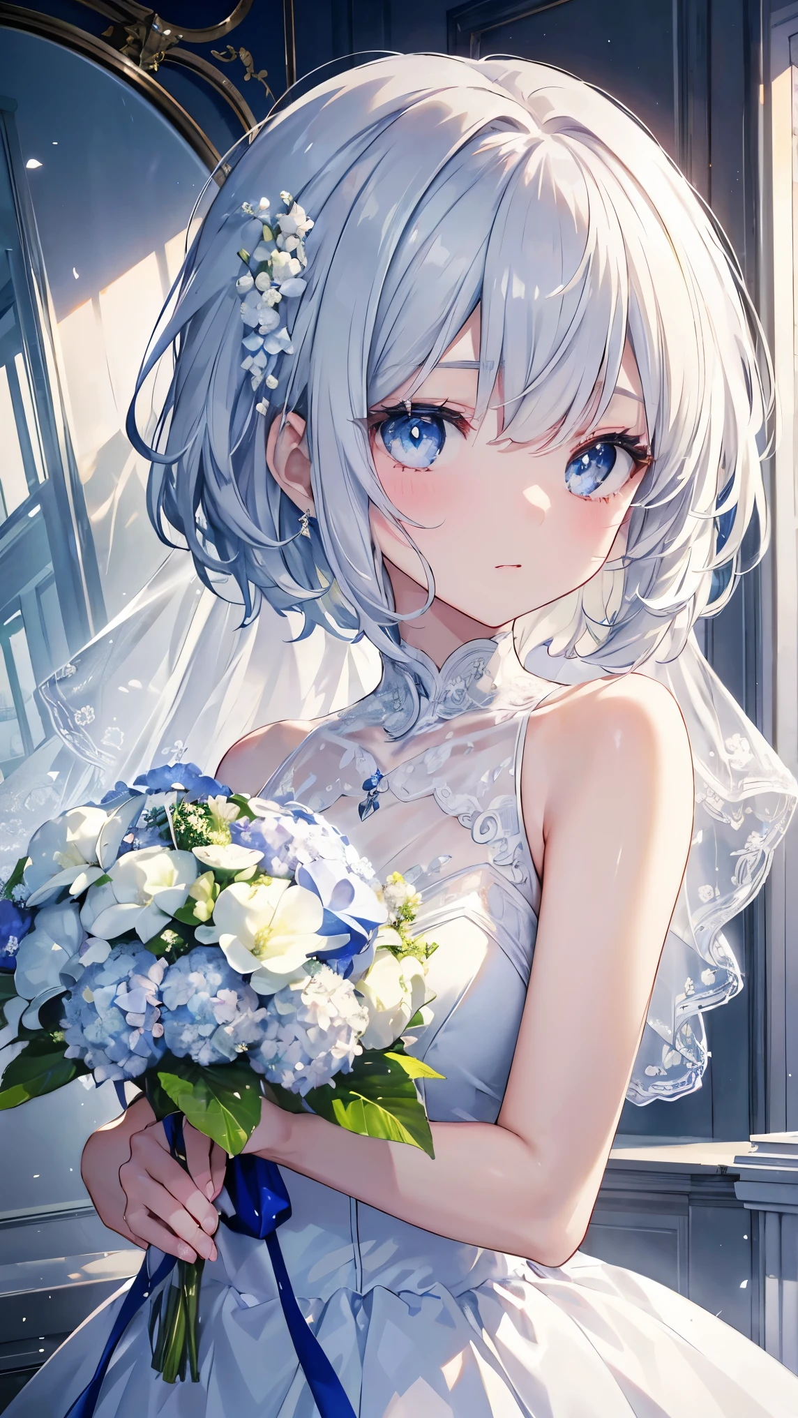 Short Hair、Gray Hair、Straight Hair,Long Bangs,Detailed sparkly eyes、Blue Eyes,Straight face、Embarrassing、shine、reflected light、Film Grain、masterpiece、Textured Skin、Super Detail、High Detail、high quality、最high quality、High Resolution、16k、shine、Wedding dress,hydrangea,whole body