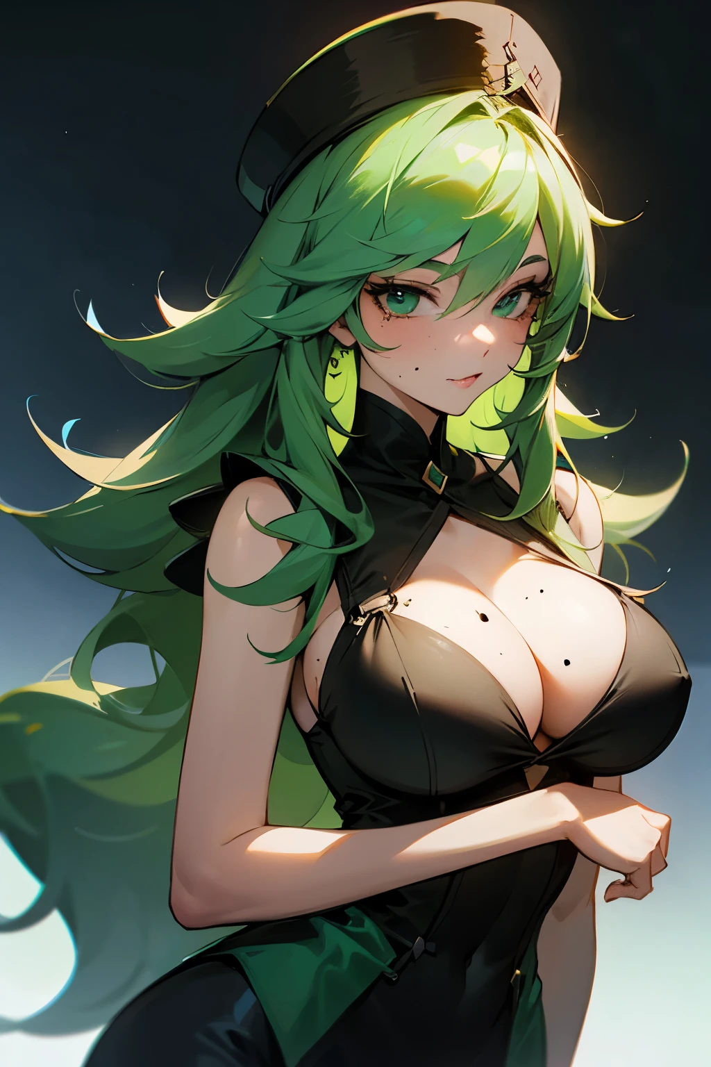 The older sister has green hair, big breasts, long hair, has a mole, and wears a hat.