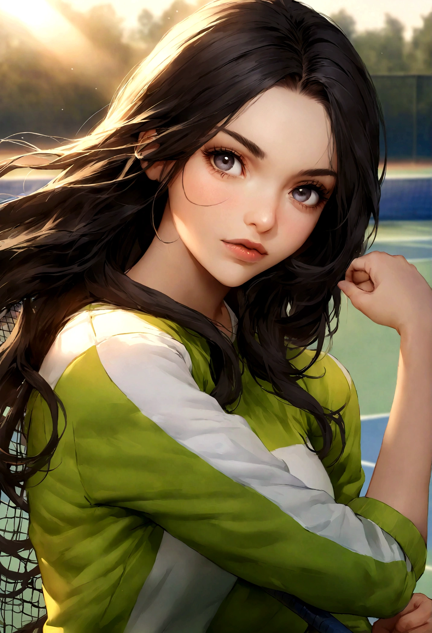 Create a photorealistic portrait of a 21-year-old Colombian girl with long, flowing dark hair and striking dark eyes. She should have a natural, approachable expression, illuminated by soft, golden-hour sunlight. The background should feature a scenic outdoor tennis court. She should be holding a tennis racket, dressed in sporty attire, and captured in action or a relaxed pose. Capture this image in high resolution using an 85mm lens to achieve a flattering perspective.