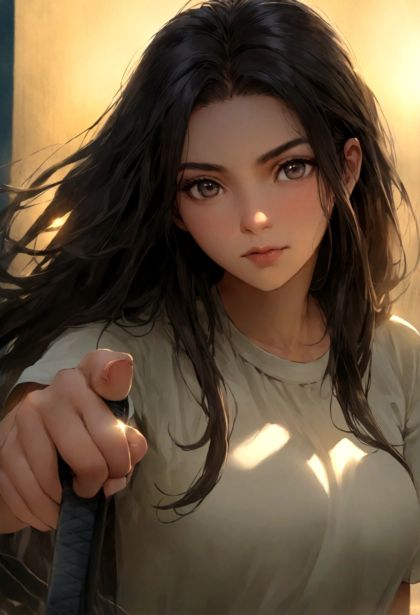 Create a photorealistic portrait of a 21-year-old Colombian girl with long, flowing dark hair and striking dark eyes. She should have a natural, approachable expression, illuminated by soft, golden-hour sunlight. The background should feature a scenic outdoor tennis court. She should be holding a tennis racket, dressed in sporty attire, and captured in action or a relaxed pose. Capture this image in high resolution using an 85mm lens to achieve a flattering perspective.
