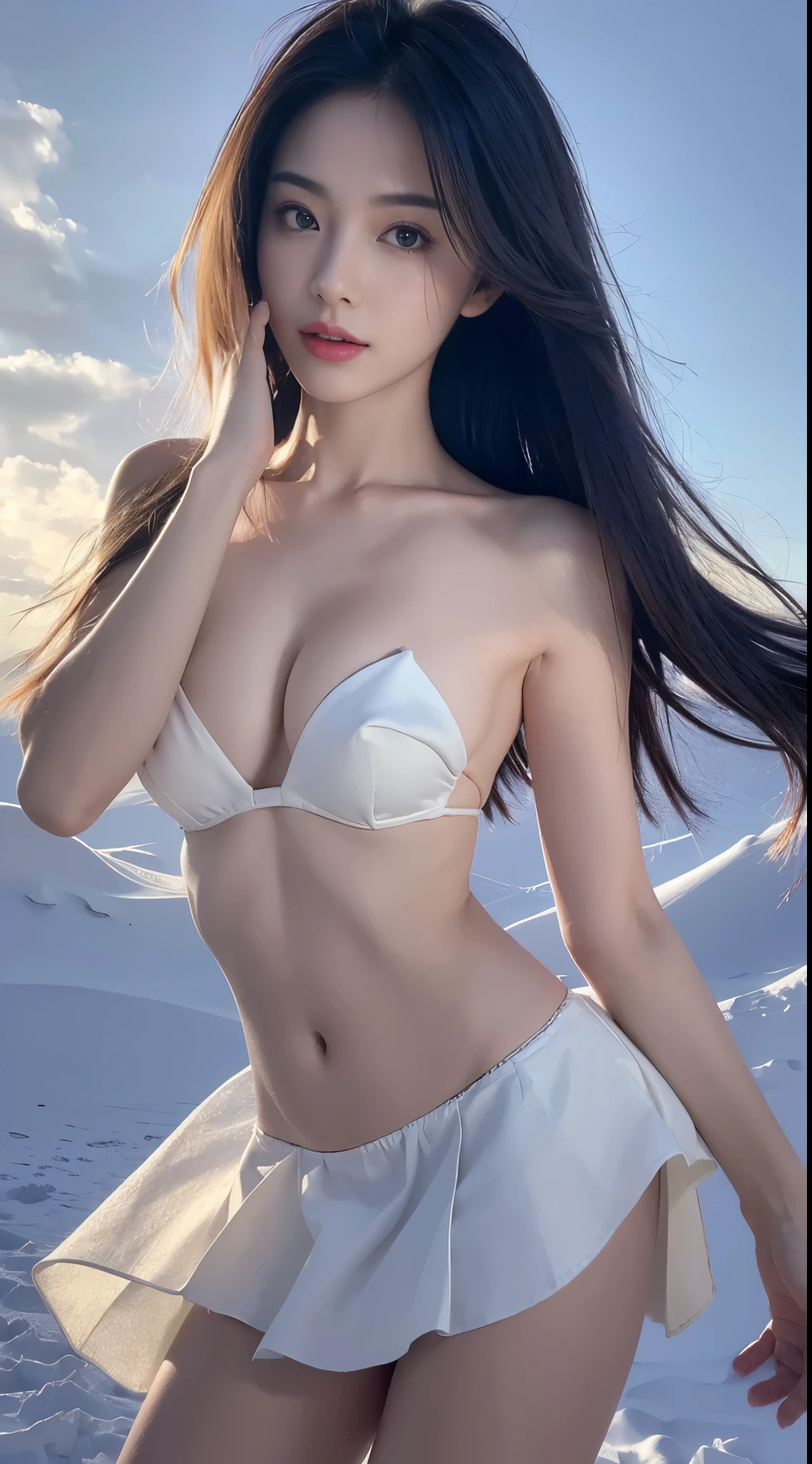 szsjk, ((cowboy shot)), ((Bare shoulder)), ((Short hemlines, sexy long legs)), realistic detailed photo of a giant breasted girl with exposed shoulders, detailed fingers, high quality skin, red eyes, alone in a winter scene with clouds, wind, and flowing hair, (best quality,4k,8k,highres,masterpiece:1.2),ultra-detailed,(realistic,photorealistic,photo-realistic:1.37),studio lighting,vivid colors