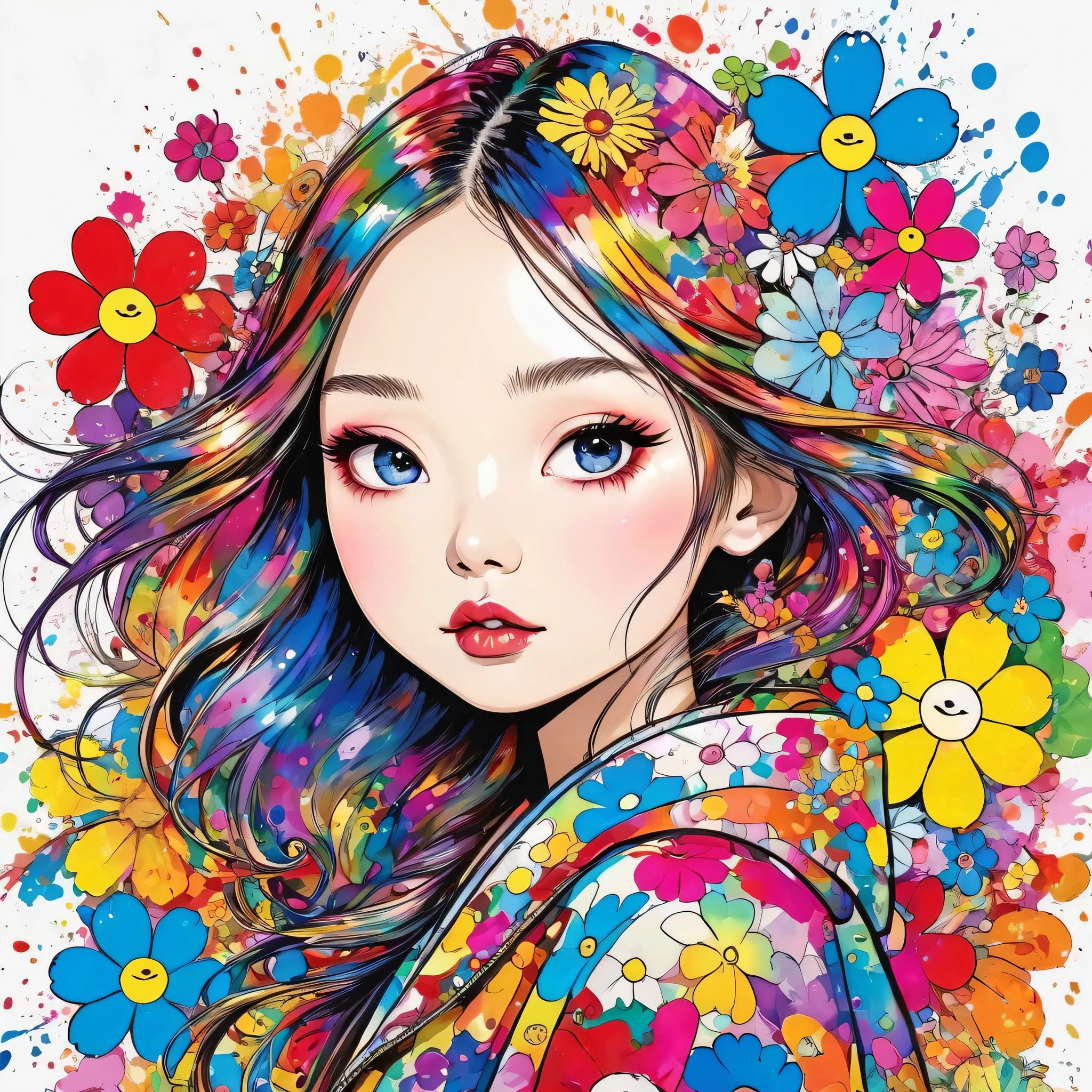 Takashi Murakami Style、(((stylish fashion))), 8K Quality、Intense watercolor, Detailed watercolor art, Watercolor splash, Surreal, avant-garde pop art, Beautiful and expressive paintings, Beautiful artwork illustration, Very colorful tones, wonderful, Cool beauty, highest quality、Official Art, Vector art, Stylish design, (((The most beautiful girl))), (((highest quality))), HDR, ((detailed)), (((Doodle Art)), ((masterpiece)), ((Super detailed)), (((Colorful flowers))), (((Stylish))), Lips in Love