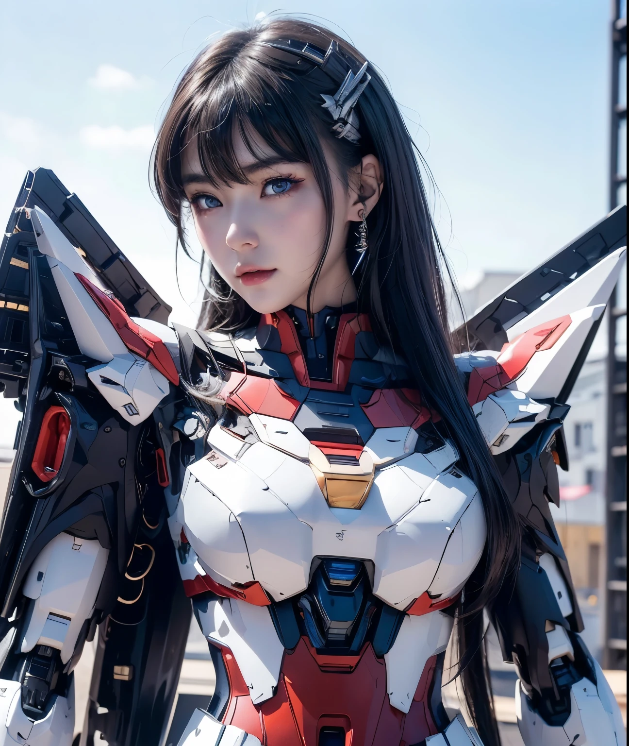 Textured skin, Super detailed, Attention to detail, high quality, 最high quality, High resolution, 1080p, hard disk, beautiful,(Gundam),beautifulサイボーグ女性,Mecha Cyborg Girl,Battle Mode,Girl with a mechanical body,She wears a futuristic Gundam mecha,Full Body Shot