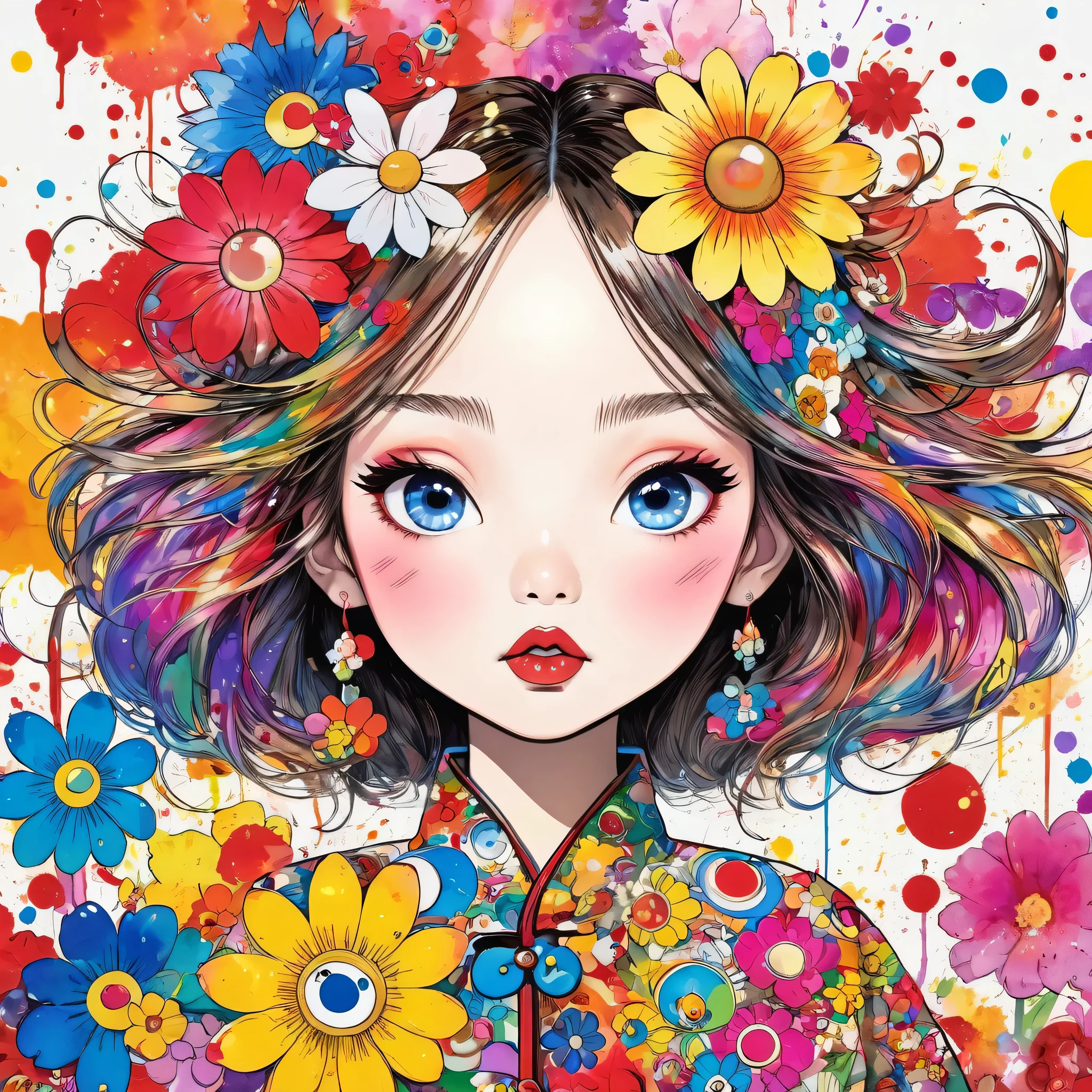 Takashi Murakami Style、(((stylish fashion))), 8K Quality、Intense watercolor, Detailed watercolor art, Watercolor splash, Surreal, avant-garde pop art, Beautiful and expressive paintings, Beautiful artwork illustration, Very colorful tones, wonderful, Cool beauty, highest quality、Official Art, Vector art, Stylish design, (((The most beautiful girl))), (((highest quality))), HDR, ((detailed)), (((Doodle Art)), ((masterpiece)), ((Super detailed)), (((Colorful flowers))), (((Stylish))), Lips in Love