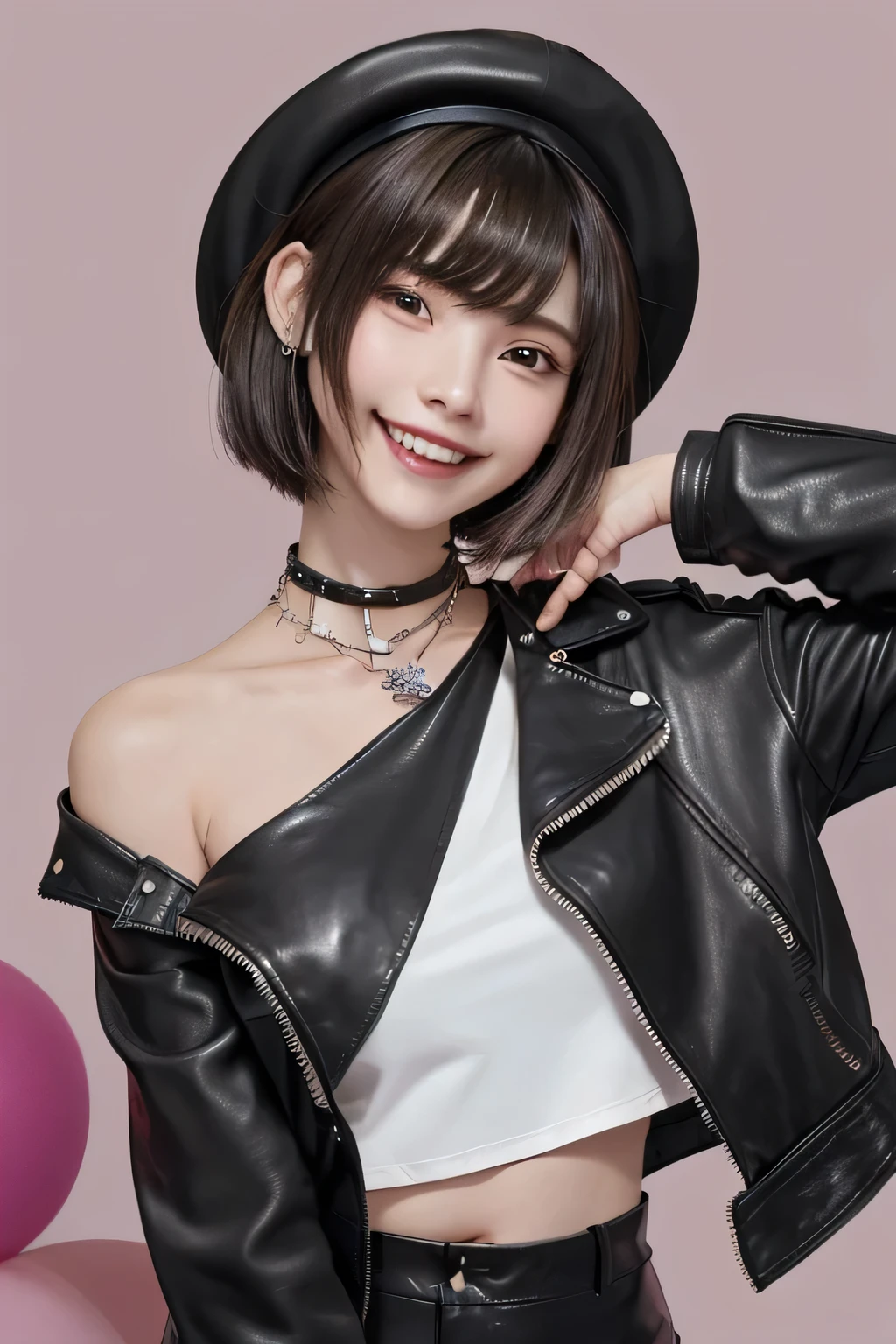 205  ((short hair)), 20-year-old female, Surrealism, Flower Smile、Gums are visible、Beautiful teeth alignment、Black Hair、ear piercing、Necklace around the neck、leather jacket、shirt、Smiling with teeth showing、The background is in the room、hat、Shoulder Fashion