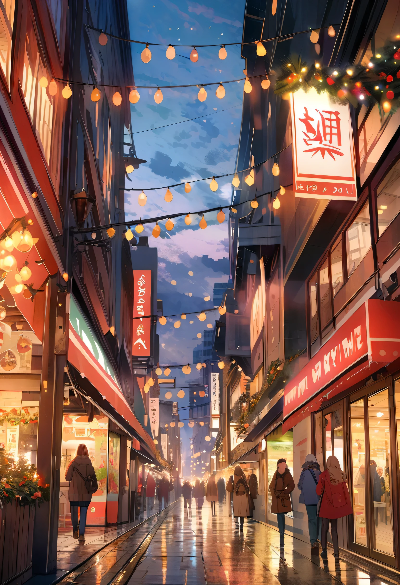 (unmanned), unmanned, no one, landscape, winter, Christmas, city, Tokyo, Sidewalk, snow, light up, night, HD detailed, Super detailed, movie, Hyperrealism, Soft Light, Deep focus bokeh, Ray Tracing, Art Station pixivgwise, Makoto Shinkai, ArtJam
