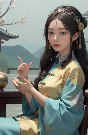 Ancient Chinese Goddess, 南海のKannon, Kannon, Inspired by China, Kannon菩薩は獅子に乗る,,Calm expression,Shui Mohua,Buddha,Buddha教徒,Lotus,chinese painting style,Thangka Style,Smile,Gentle expression,Feng Shui,cute,girl