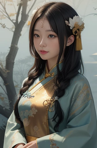 Ancient Chinese Goddess, 南海のKannon, Kannon, Inspired by China, Kannon菩薩は獅子に乗る，,Calm expression,Shui Mohua,Buddha,Buddha教徒,Lotus,chinese painting style,Thangka Style,Smile,Gentle expression,Feng Shui,cute,girl