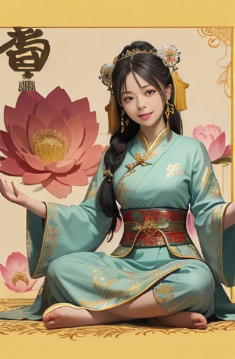 Ancient Chinese Goddess, 南海のKannon, Kannon, Inspired by China, Kannon菩薩は獅子に乗る,,Calm expression,Shui Mohua,Buddha,Buddha教徒,Lotus,chinese painting style,Thangka Style,Smile,Gentle expression,Feng Shui,cute,girl
