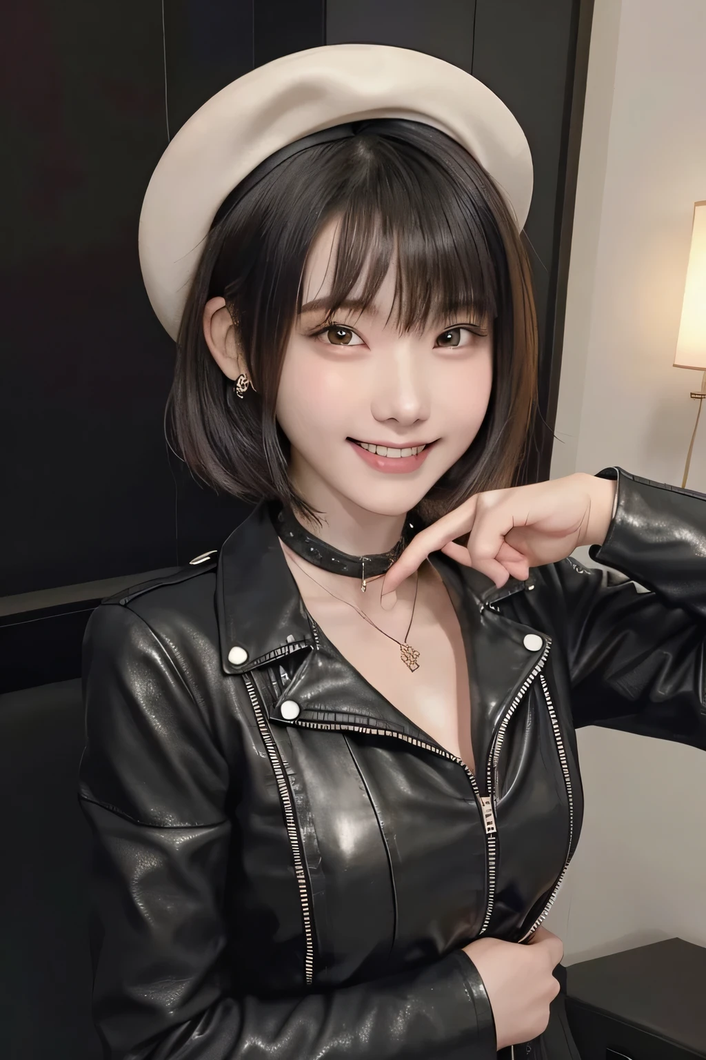 205 ((short hair)), 20-year-old female, Surrealism, Flower Smile、Gums are visible、Beautiful teeth alignment、Black Hair、ear piercing、Necklace around the neck、leather jacket、shirt、Smiling with teeth showing、The background is in the room、hat、Shoulder Fashion